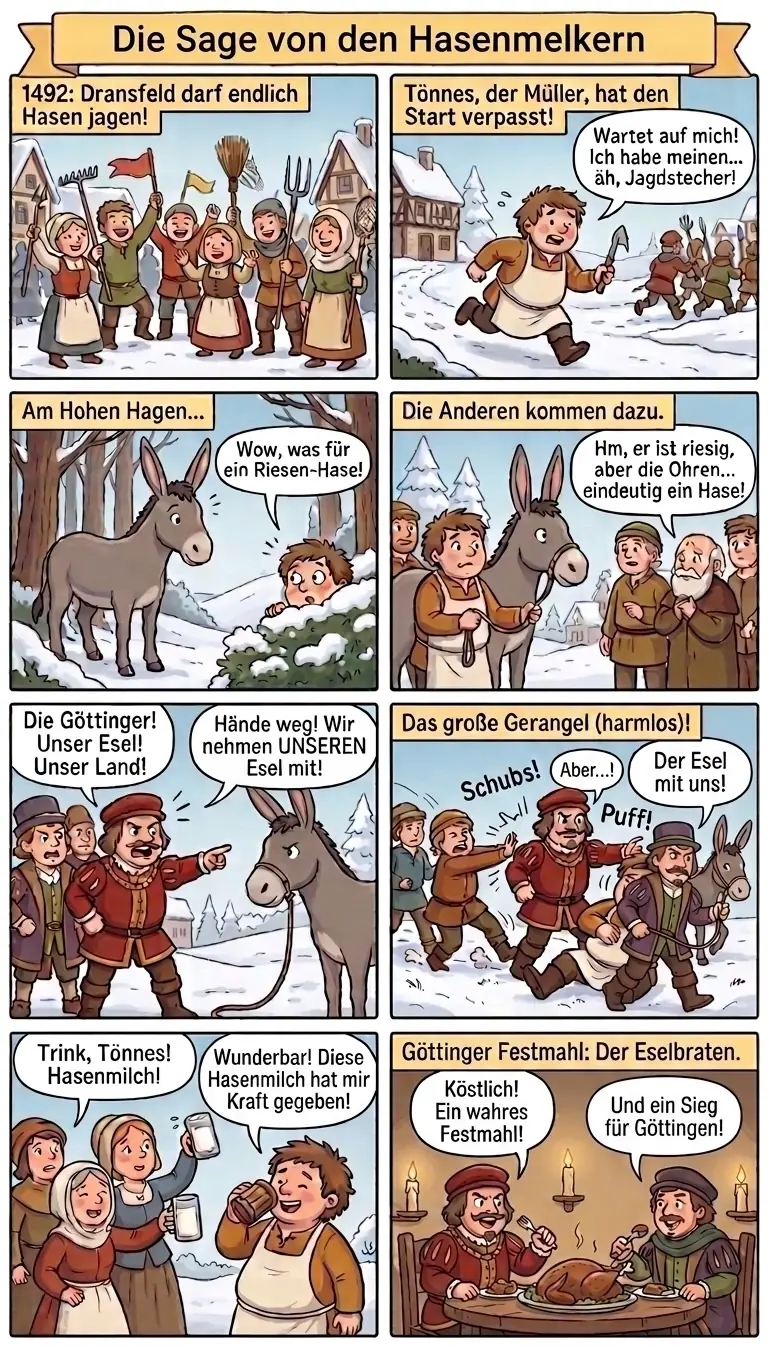 Comic in acht Bildern: Die Dransfelder ziehen 1492 zur ersten Hasenjagd, der Müller Tönnes kommt zu spät und fängt am Hohen Hagen ein Tier mit langen Ohren. Göttinger Bürger nehmen es ihnen im Gerangel ab; Tönnes kommt mit einem Becher Milch wieder zu Kräften, während die Göttinger ihre Beute verspeisen — einen Esel.